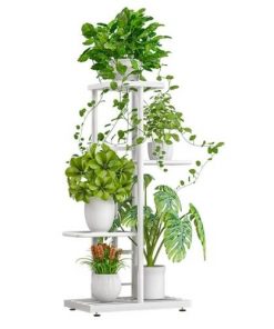 étagère en métal blanc pour plantes à 4 étages