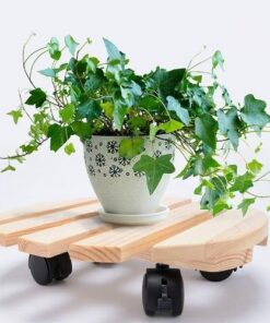 support pot de fleur à roulettes en bois de devant