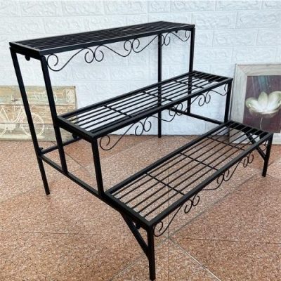 Unho Étagère Plantes 3 Niveaux Style Escalier – Fer Forgé Noir 77x58x56 Cm – Charge Max 20 Kg/niveau