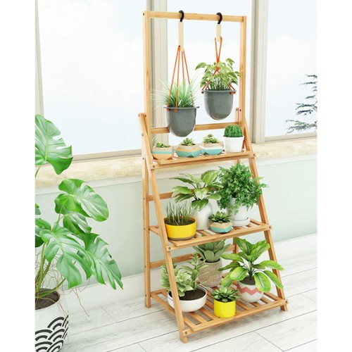 étagère pour plante en bambou avec pots de fleurs taille réduite