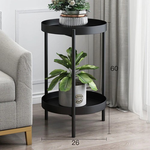 table pour plante noir avec un pot de fleurs