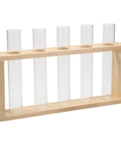 un porte plante en bois scandinave avec cinq vases en verre