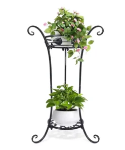 un porte pot de fleur d'intérieur noir à deux étages