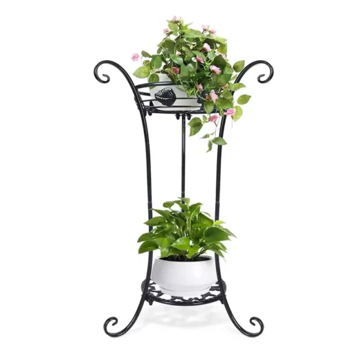 un porte pot de fleur d'intérieur noir à deux étages