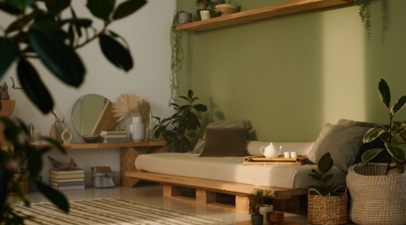 salon avec du bois et des plantes