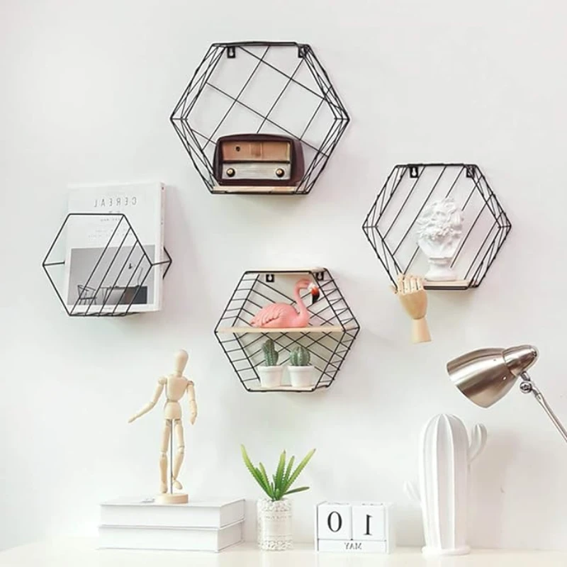 Étagère Fer Forgé et Bois hexagonale