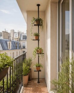 Support de plante pour balcon à tension, calé entre le sol et le plafond
